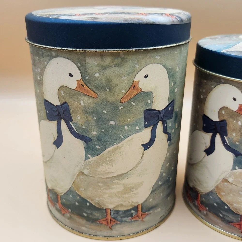 3pc Vintage Blue Ribbon Country Goose Nesting Tin Canisters Cottagecore Granny